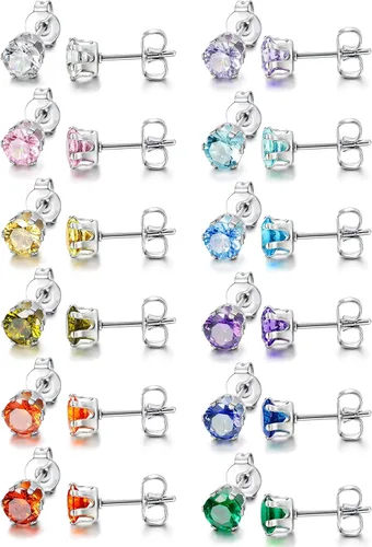 Vista 5 de LOYALLOOK 12 pares de aretes de acero inoxidable con circonita cúbica redonda de corte brillante para mujer, Piedra Diamante Circonita cúbica Piedra