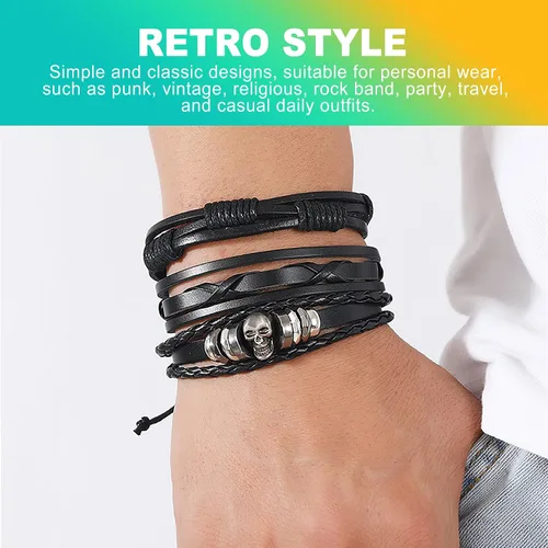 Vista 5 de Paquete de 6 pulseras punk góticas y emo, pulseras ajustables de cuero con tachuelas