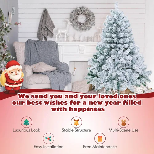 Vista 6 de DORTALA - Árbol de Navidad artificial preiluminado con copos, de 4.5 pies, con 150 luces LED blancas cálidas, 295 puntas de ramas, soporte metálico