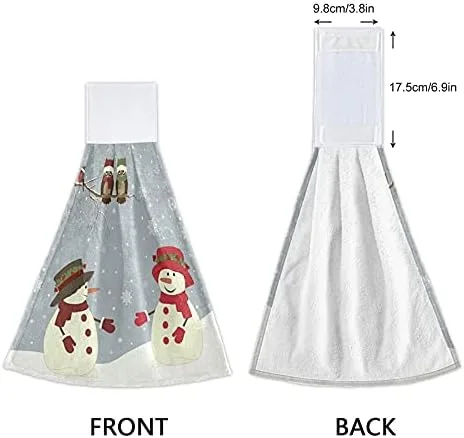 Vista 3 de Toallas de cocina con diseño de búho de muñeco de nieve de invierno, toalla de mano colgante con lazo, 2 unidades, paño suave y absorbente