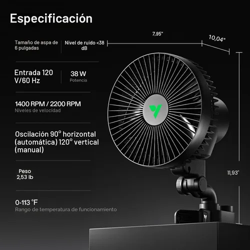 Vista 6 de VIVOSUN Ventilador AeroWave A6 con clip para tienda de cultivo, ventilador