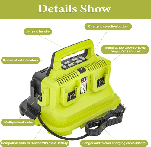 Vista 5 de Estación de Carga Rápida de 6 Puertos, Reemplazo para Cargador de Batería Dewalt Flexvolt 20V/60V, Compatible con Batería Flexvolt Devvalt 20V/60V