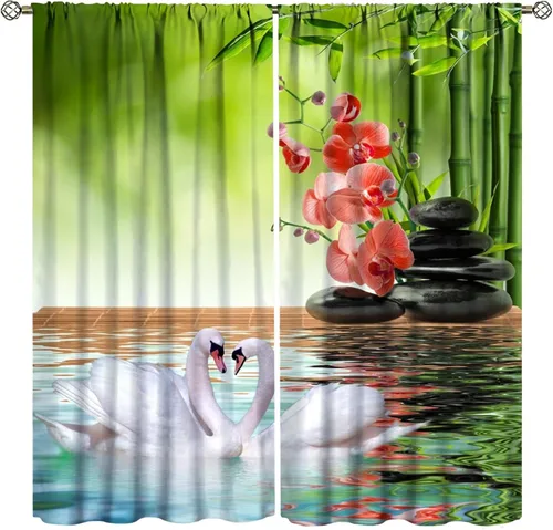 Vista 9 de Cortinas con estampado de bambú verde natural, plantas asiáticas, japonesas, tallos rústicos, hojas, cortina de selva con bolsillo para cortinero