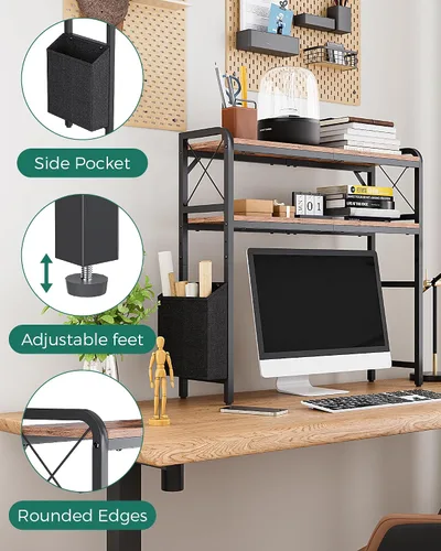 Vista 6 de Estantes de escritorio, soporte para monitor con estantes ajustables y bolsillos laterales, organizador de estantería de escritorio de 2 niveles
