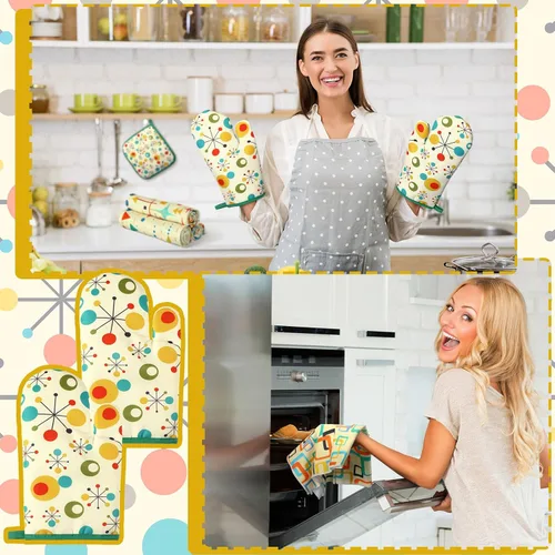 Vista 6 de Fanfanwin Juego de 10 manoplas de horno coralinas para ollas, juego de alfombras y toallas de cocina de mediados de siglo de los años cincuenta