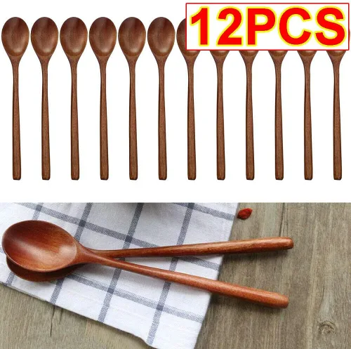 Vista 2 de TEAMWILL Cucharas de madera, 12 cucharas de sopa de madera de 9 pulgadas para comer, mezclar, agitar, cuchara de mango largo con utensilio de cocina
