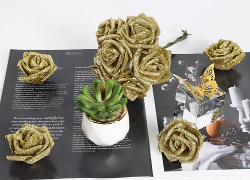 Vista 7 de 30 rosas doradas con purpurina, rosas artificiales de espuma dorada de 2.56 pulgadas con tallos para centros de mesa de despedida de soltera, ramo