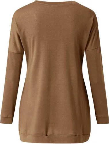 Vista 3 de Ropa de otoño para mujer 2023 con estampado de cuello redondo, manga larga, cómoda, holgada, con bolsillo
