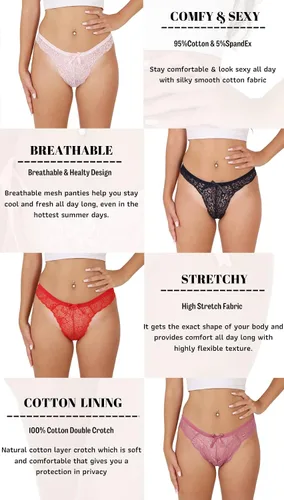 Vista 4 de YEZSTART - Tangas de algodón para mujer, transpirables, suaves, elásticas, con encaje, paquete múltiple
