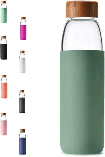 Vista 10 de Botellas de agua de vidrio de borosilicato de 18 onzas con tapa de bambú, sin BPA, funda de silicona antideslizante y tapa a prueba de fugas de Negro