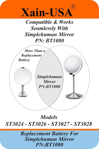 Vista 2 de Batería de repuesto PN: BT1080 para espejos Simplehuman (ST3024 ST3026 ST3027 ST3028), 3.7V 6600mAh, (por favor) Verifique el número de pieza BT1080