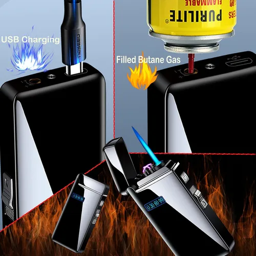 Vista 6 de Encendedor electrónico de llama de chorro 2 en 1, recargable de butano eléctrico USB, recargable por USB, de alta calidad a prueba de viento