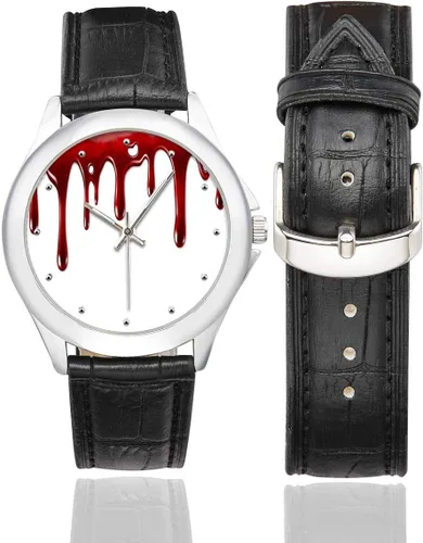 Vista 2 de Bloody Hand Print Horror Halloween Reloj de correa de cuero clásico de acero inoxidable impermeable negro, Negro