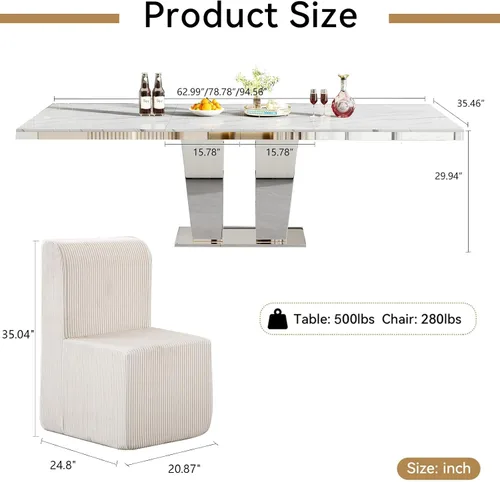 Vista 3 de Juego de mesa de comedor de mármol sintético blanco para 10, juego de mesa de comedor extensible de 11 piezas de 63 a 94 pulgadas con 10 sillas