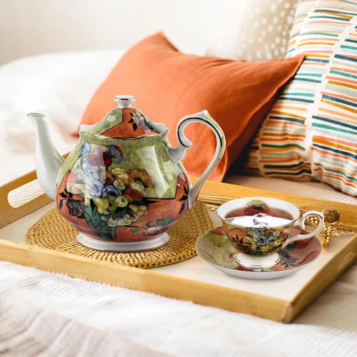 Vista 4 de Tetera de 30 oz de Van Gogh Pinturas de porcelana china hueso Tetera de té suelto Diseño floral Vintage Tetera de cerámica estilo europeo para café