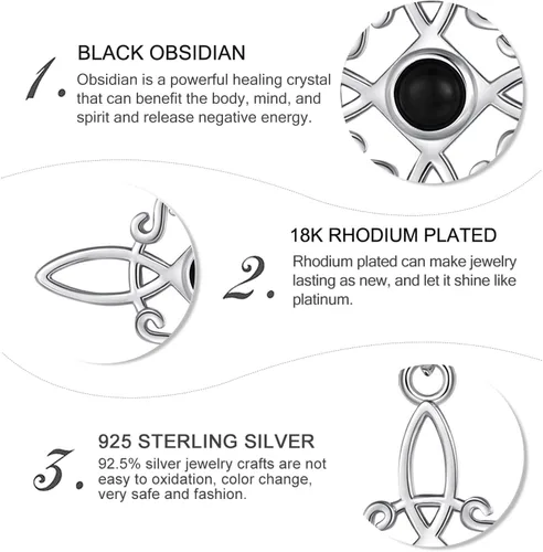 Vista 6 de Vito Juego de joyas de plata de ley 925 con nudo de bruja de obsidiana para mujer, Nudo de Bruja Plata 925, dije original para mujer, aretes