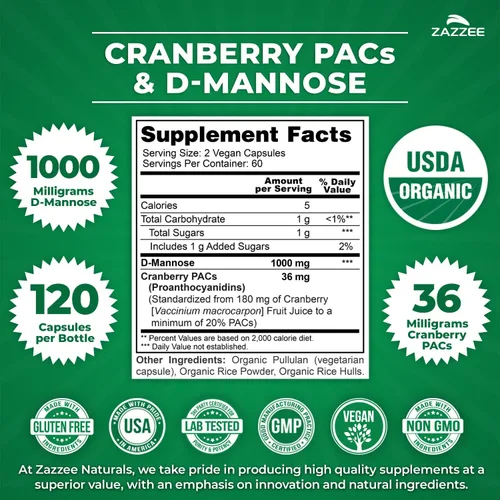 Vista 3 de Zazzee USDA Organic Cranberry PAC y D-Manosa, 36 mg PAC por porción, 1000 mg de D-manosa por porción, 120 cápsulas veganas, suministro de 2 meses