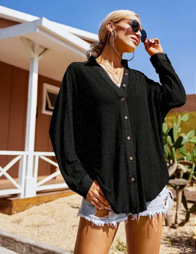 Vista 4 de Hotouch Women Casual Button Down V Neck Blouses Long Sleeve Collared Knitted Tops Ribbed Shirts