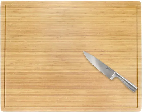 Vista 7 de BambooMN Tabla de cortar de bambú resistente de alta calidad, 17.25 x 11.75 x 0.75 pulgadas, ranurada/plana con combo de cuchillo de chef