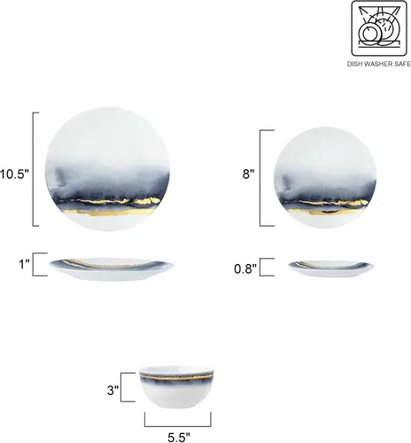 Vista 5 de Euro Porcelain Juego de comedor de mármol azul de 16 piezas, vajilla de porcelana fina con servicio de acento de placa de oro de 24 quilates para 4
