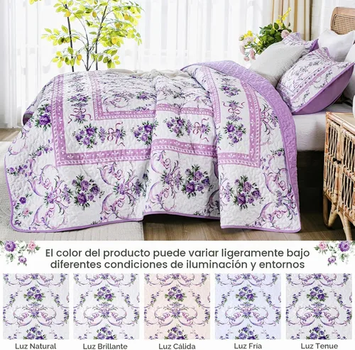 Vista 3 de Anibedding Juego de edredón Queen morado, 3 piezas con patrón floral