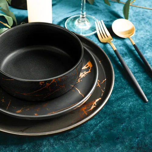 Vista 7 de Stone Lain - Juego de vajilla de porcelana fina de primera calidad Negro y dorado