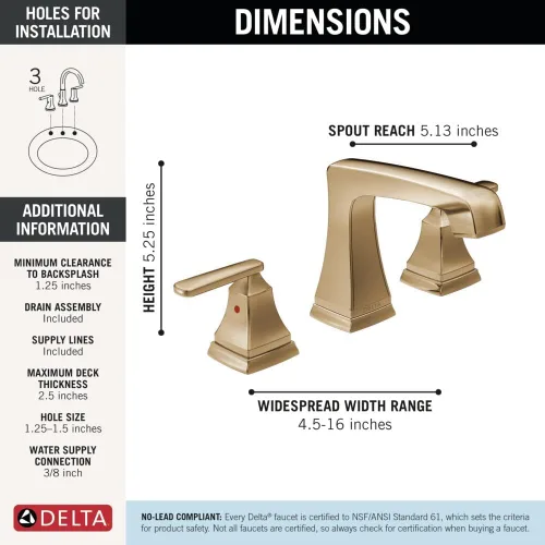 Vista 5 de Delta Ashlyn - Grifo de baño generalizado, grifo dorado de 3 agujeros, conjunto de drenaje de metal Push-Pop, bronce champán 3564-CZMPU-DST