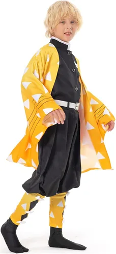 Vista 2 de Agatsuma Zenitsu - Disfraz de capa para niños disfraz de cosplay de Halloween kimono bata de anime uniforme