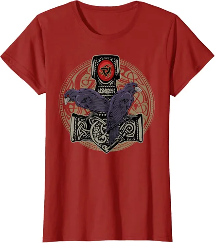 Vista 56 de Thors Hammer Mjolnir Huginn and Muninn Odin Raven - Camiseta, Negro, S