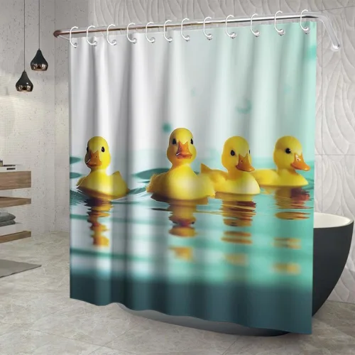Vista 3 de Divertidos cortinas de ducha de tela con diseño de pato chirriante amarillo con 12 ganchos, 72 x 72 pulgadas, poliéster, lavable a máquina, amarillo