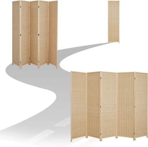 Vista 4 de Divisor de habitación con bambú natural, 5 paneles plegables de privacidad, separador de habitación independiente, color beige