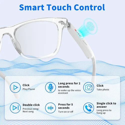 Vista 4 de Gafas Bluetooth inteligentes Emerhome AI Voice Assistant, Lightweight, 8-Hour Battery Life, Auto Pairing, Touch Control & Stereo Sound for Calls &