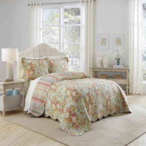 Vista 12 de Waverly Forever Peony - Juego de edredón de 4 piezas, 100% algodón, estampado floral de bayas, tamaño matrimonial/queen, con 2 fundas de almohada