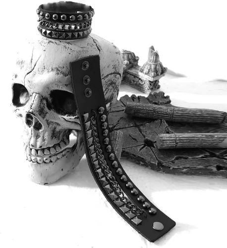 Vista 3 de Eigso Pulseras de cuero punk para hombres y mujeres, pulsera de cadena con tachuelas para hombre y mujer, Cuero, No es una piedra preciosa