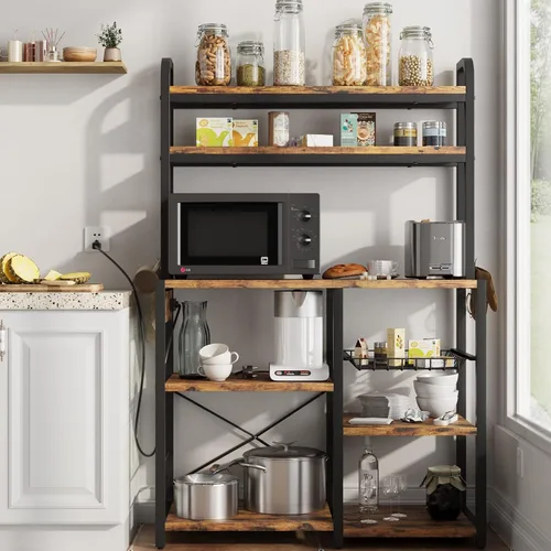 Vista 9 de Amyove Estante para panaderos con toma de corriente, barra de café con cajón de alambre, soporte para microondas, mesa de cocina con gran Negro