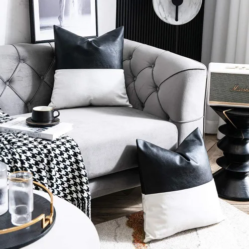 Vista 3 de Juego de 2 fundas de almohada decorativas de cuero sintético con 100% algodón para sofá, cama, decoración moderna del hogar, cuadradas