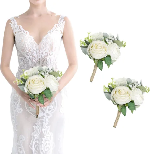 Vista 13 de Ramo de dama de honor artificial para boda, ramo de flores de seda prefabricadas de 7 pulgadas, ramo de flores pequeñas para dama de honor