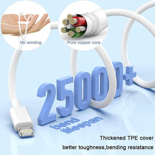 Vista 3 de Cargador para iPhone 14, paquete de 2 cables de carga rápida USB de 10 pies, cable Lightning de carga rápida, bloque de enchufe USB tipo C con cable