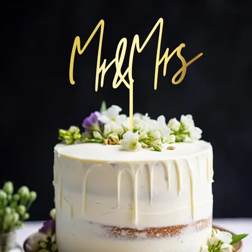 Vista 3 de Mr & Mrs - Decoración para tarta de boda en acrílico dorado (diseño 04)