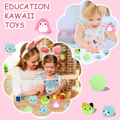 Vista 4 de Outee 20 piezas de juguetes Mochi Kawaii animales con caja de regalo que brillan en la oscuridad, lindo juguete para aliviar el estrés, recuerdos