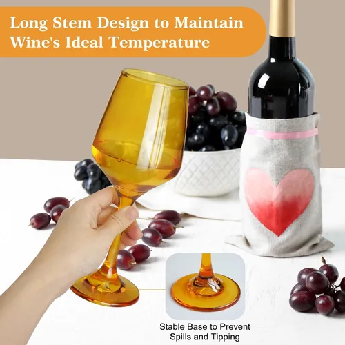 Vista 4 de Juego de 6 copas de vino ámbar con tallo de 12 onzas, gruesas y coloridas, aptas para lavavajillas, para rojo o blanco, regalo para fiestas