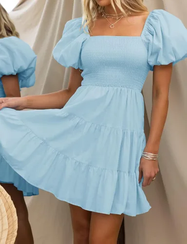 Vista 8 de ZESICA Vestido corto bohemio de verano para mujer, con cuello cuadrado, manga abombada, hombros descubiertos, fruncido, escalonado, casual