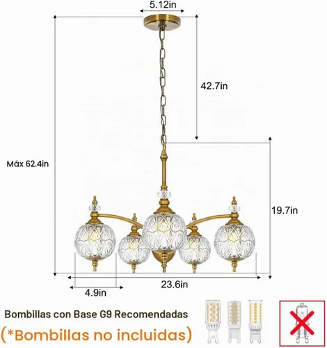 Vista 7 de Candelabro vintage de latón – Lámpara de comedor de altura ajustable con vidrio soplado hecho a mano – Base E26 de 5 luces, ideal para cocina