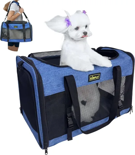 Vista 7 de Transportador para gatos y perros pequeños aprobado por aerolíneas de 17"x11"x9.5"– De lados suaves, bolsa de viaje plegable debajo del asiento