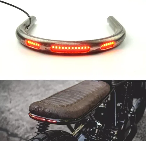 Vista 2 de Asiento Trasero Retro para Motocicleta Café Racer Marco Aro Brat Plano Bucle Tres Agujeros para Lámparas con Tira LED Señal de Giro Luz de Freno