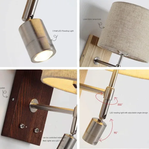 Vista 4 de Renter Friendly Farmhouse Rustic Wood Wall Sconce Fabric Shade LED Reading Light with On Off Switch Hardwired Vintage Bedroom Mount Lamp for Bedside