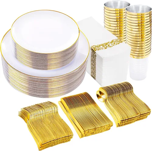 Vista 15 de 150 piezas de platos de plástico negros, platos negros y dorados, cubiertos de plástico dorados, juego de vajilla negro y dorado, vajilla de calidad