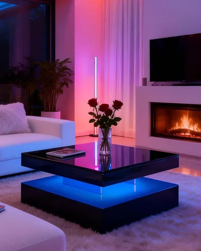 Vista 13 de FKWin Mesas de centro negras para sala de estar, mesa de centro LED con luces, moderna mesa de centro negra con superficie de alto brillo, mesa