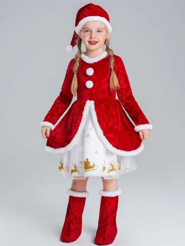 Vista 2 de AlecosFun Conjunto de vestido de Navidad para niñas disfraz de señora Santa Claus con sombrero de Navidad
