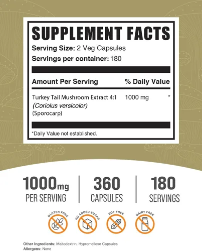 Vista 2 de BulkSupplements. com - Cápsulas de hongo cola de pavo – Extracto de Coriolus Versicolor, extracto de hongo de cola de pavo – Vegano y sin gluten, 2